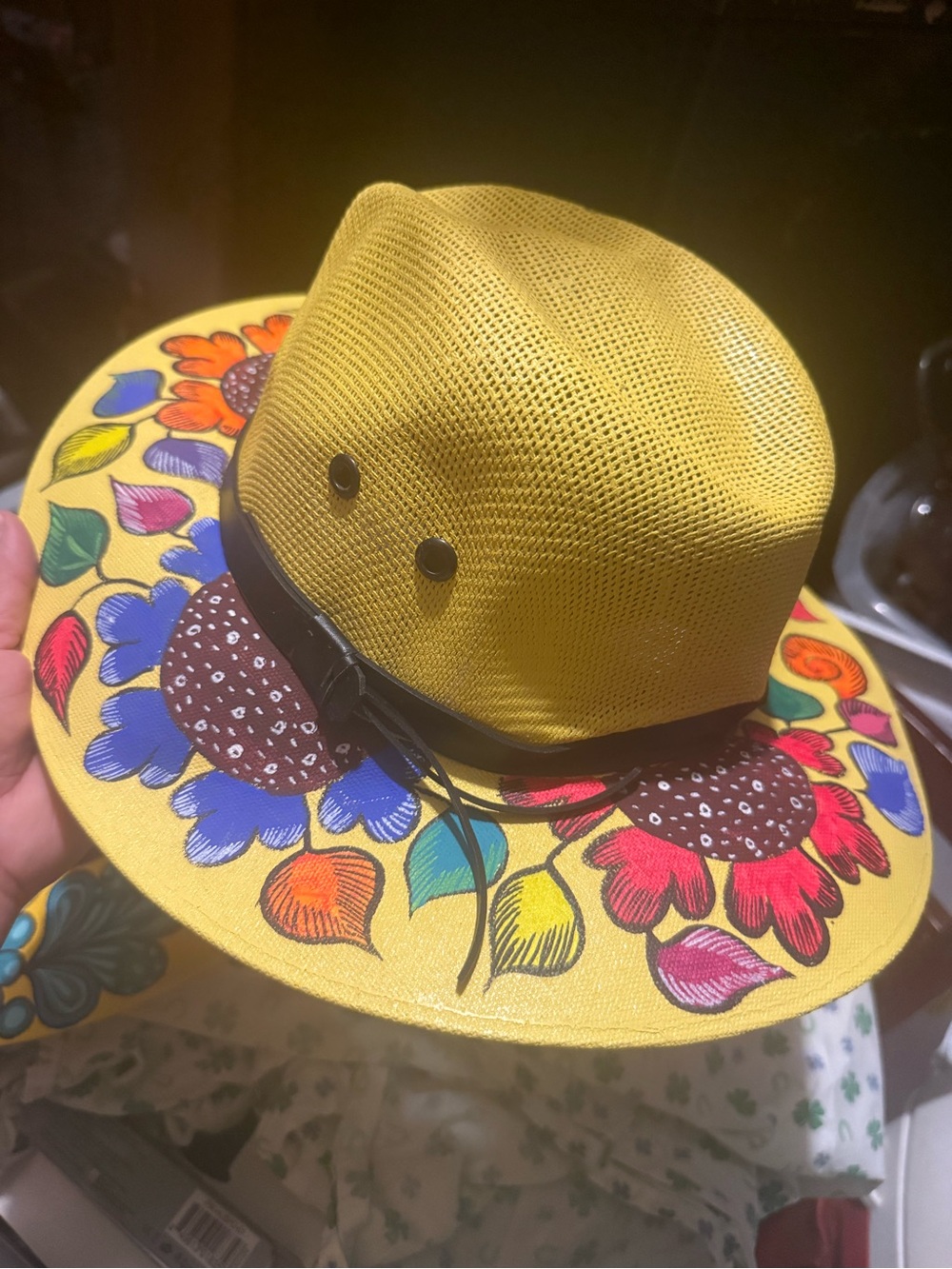 Kids Yellow Sunflower Print Straw Hat with Black Band